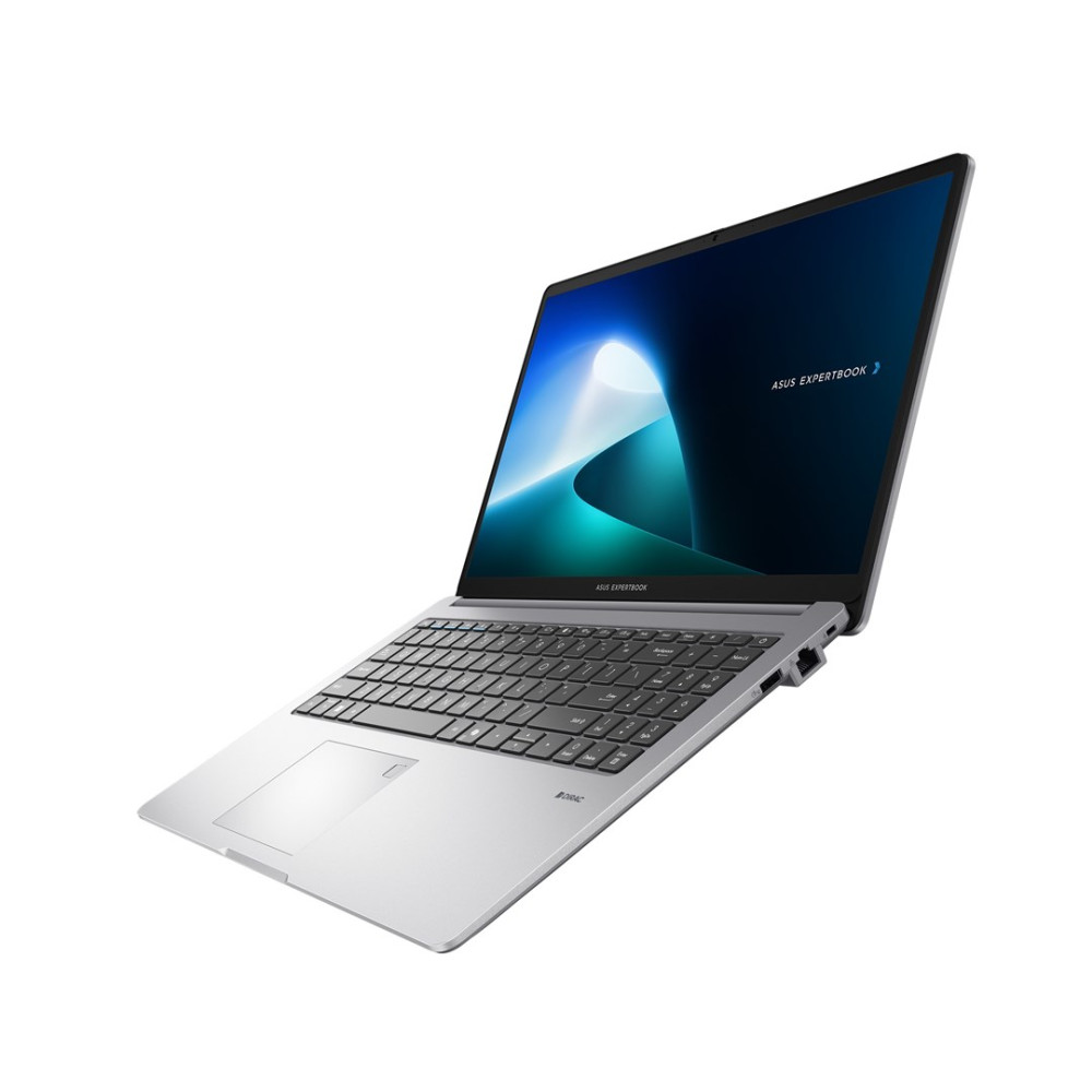 Otwarty srebrny laptop ASUS ExpertBook z niebieską tapetą.