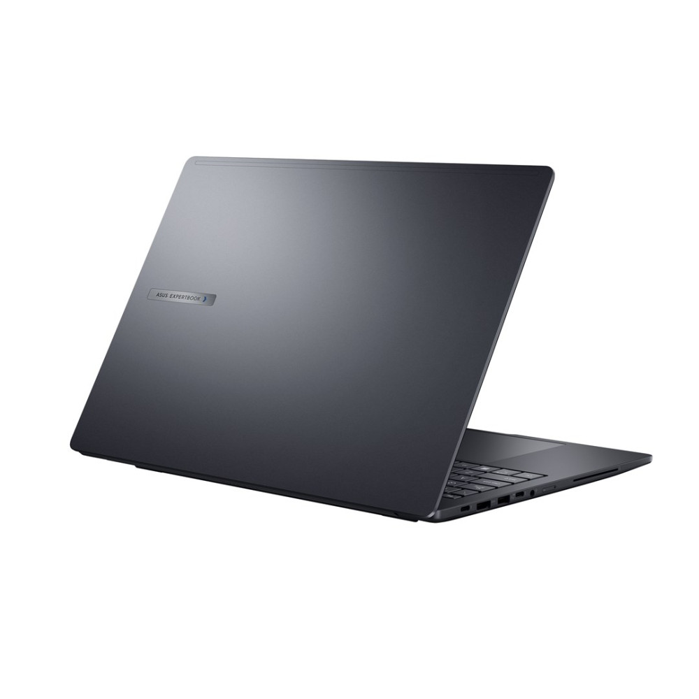 Ciemnoszary laptop Asus ExpertBook, pokazany od tyłu z lewej strony, z otwartą pokrywą.