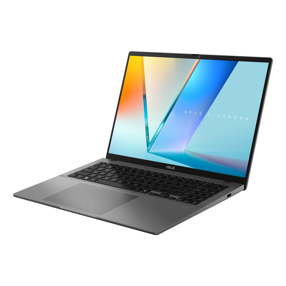 Szary laptop Asus Vivobook z kolorowym ekranem na białym tle.