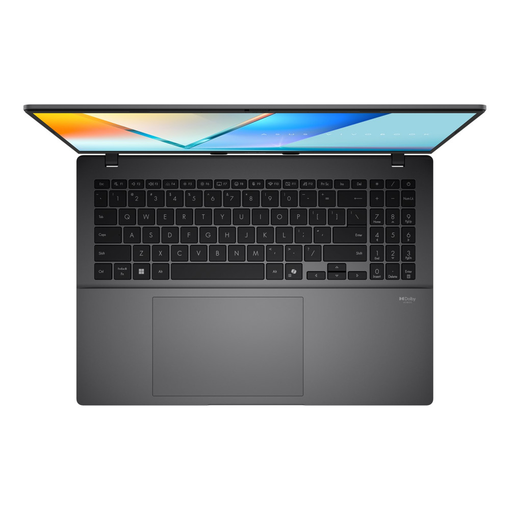 Szary laptop z otwartym ekranem, widoczną klawiaturą i touchpadem.