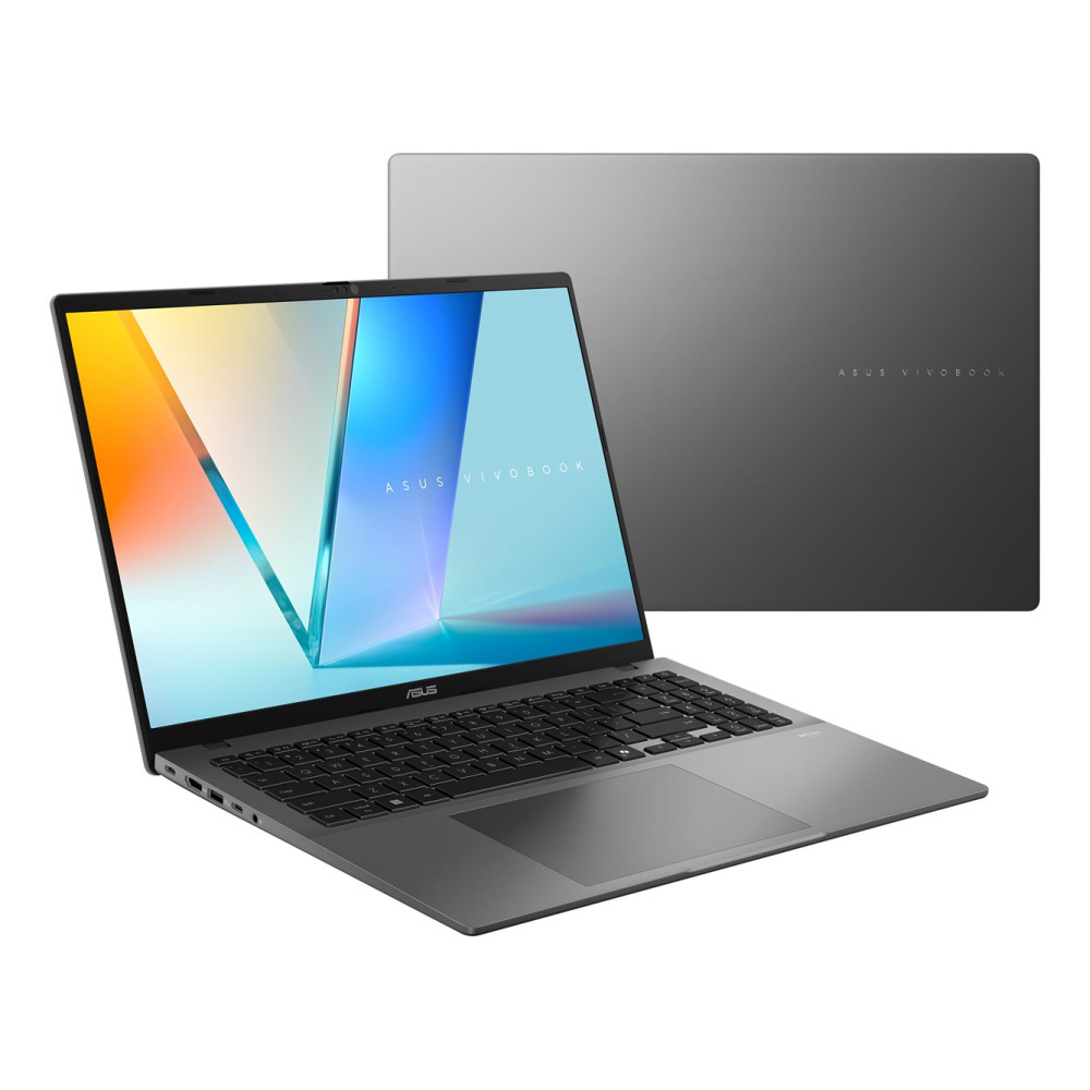 Szary laptop Asus Vivobook z otwartym ekranem i widoczną klawiaturą.