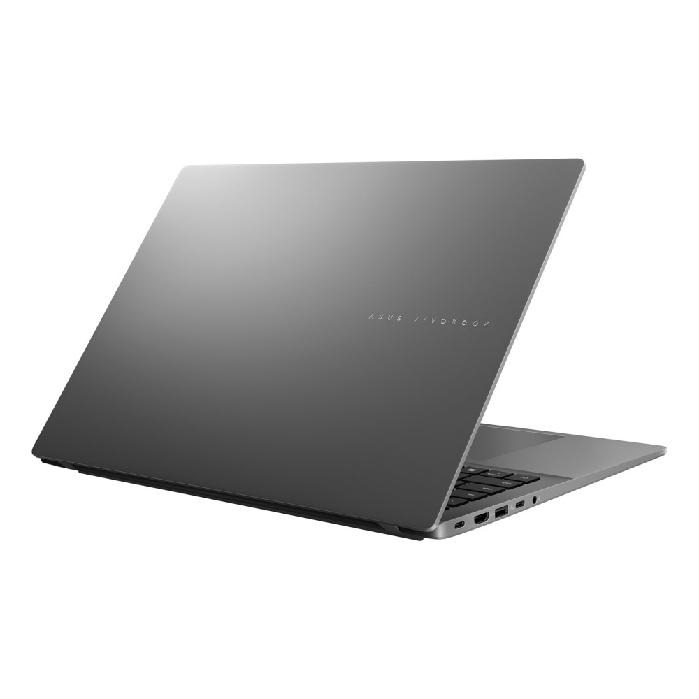Zamknięty szary laptop Asus Vivobook, widziany od tyłu i pod kątem, pokazujący porty.