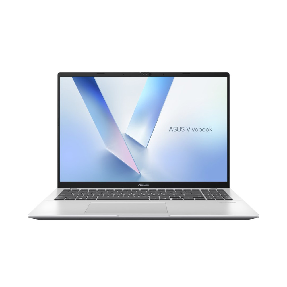 Srebrny laptop Asus Vivobook z abstrakcyjnym niebieskim tłem na ekranie.