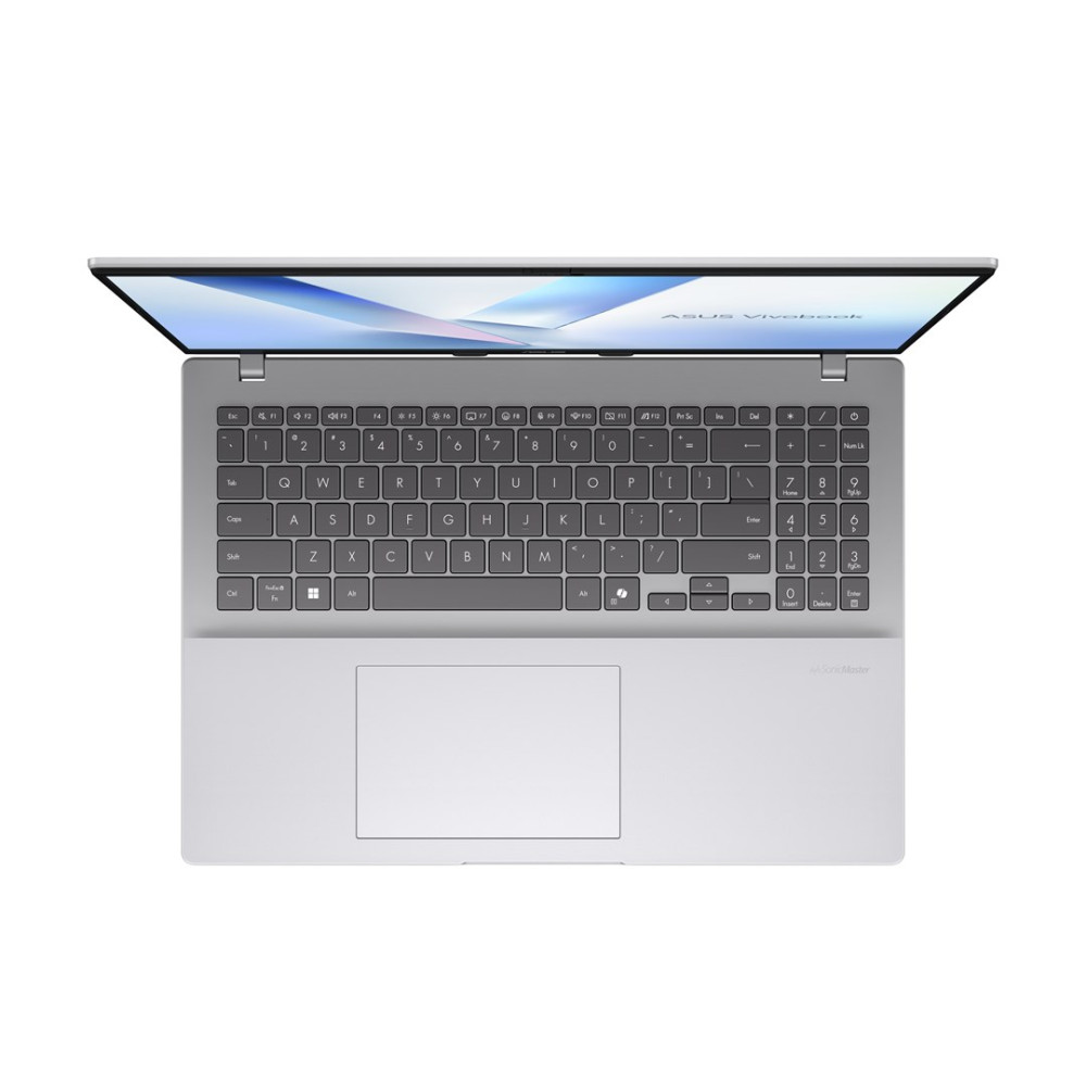 Otwarty, srebrny laptop ASUS Vivobook z widoczną klawiaturą i touchpadem.