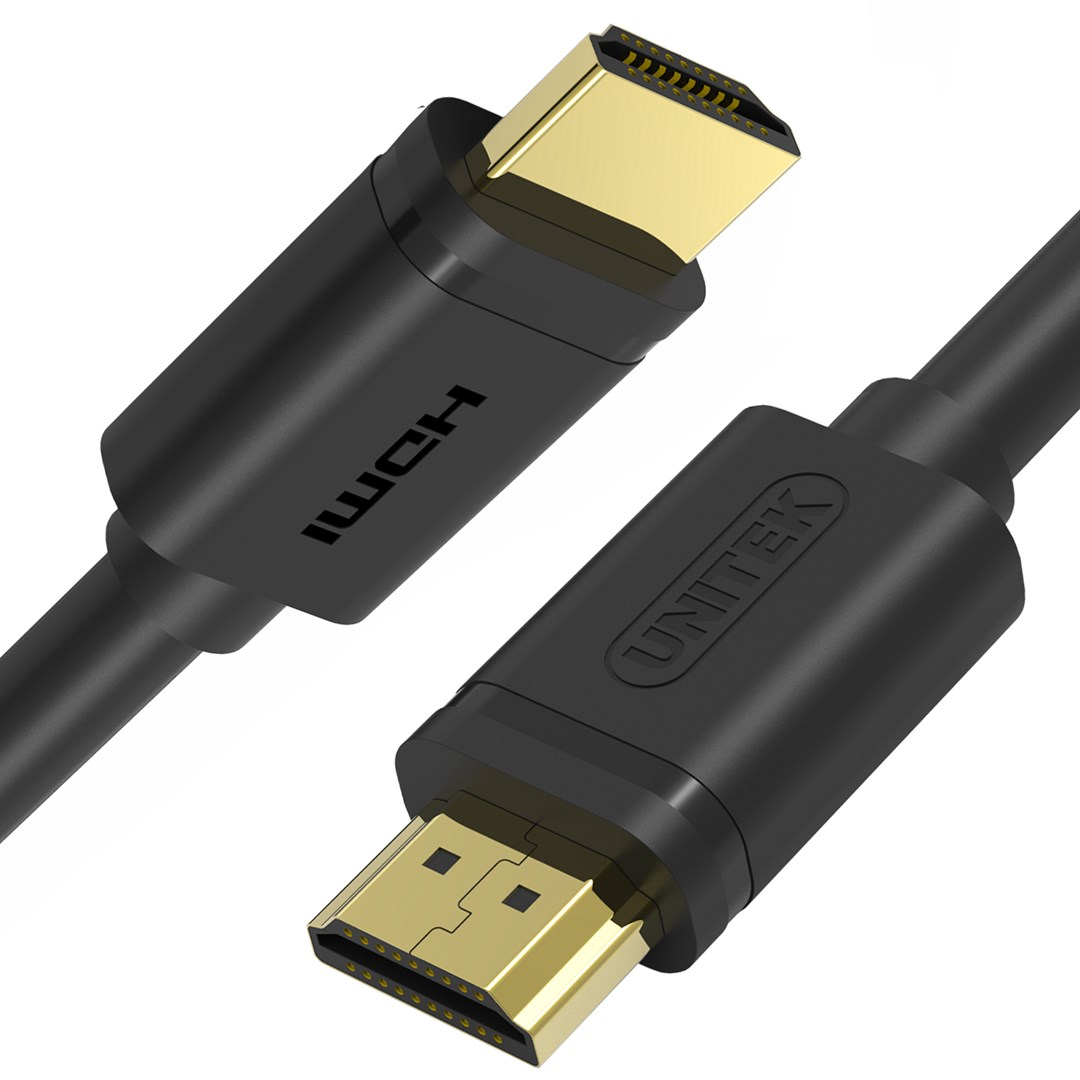 Dwa czarne kable HDMI ze złotymi złączami na białym tle.