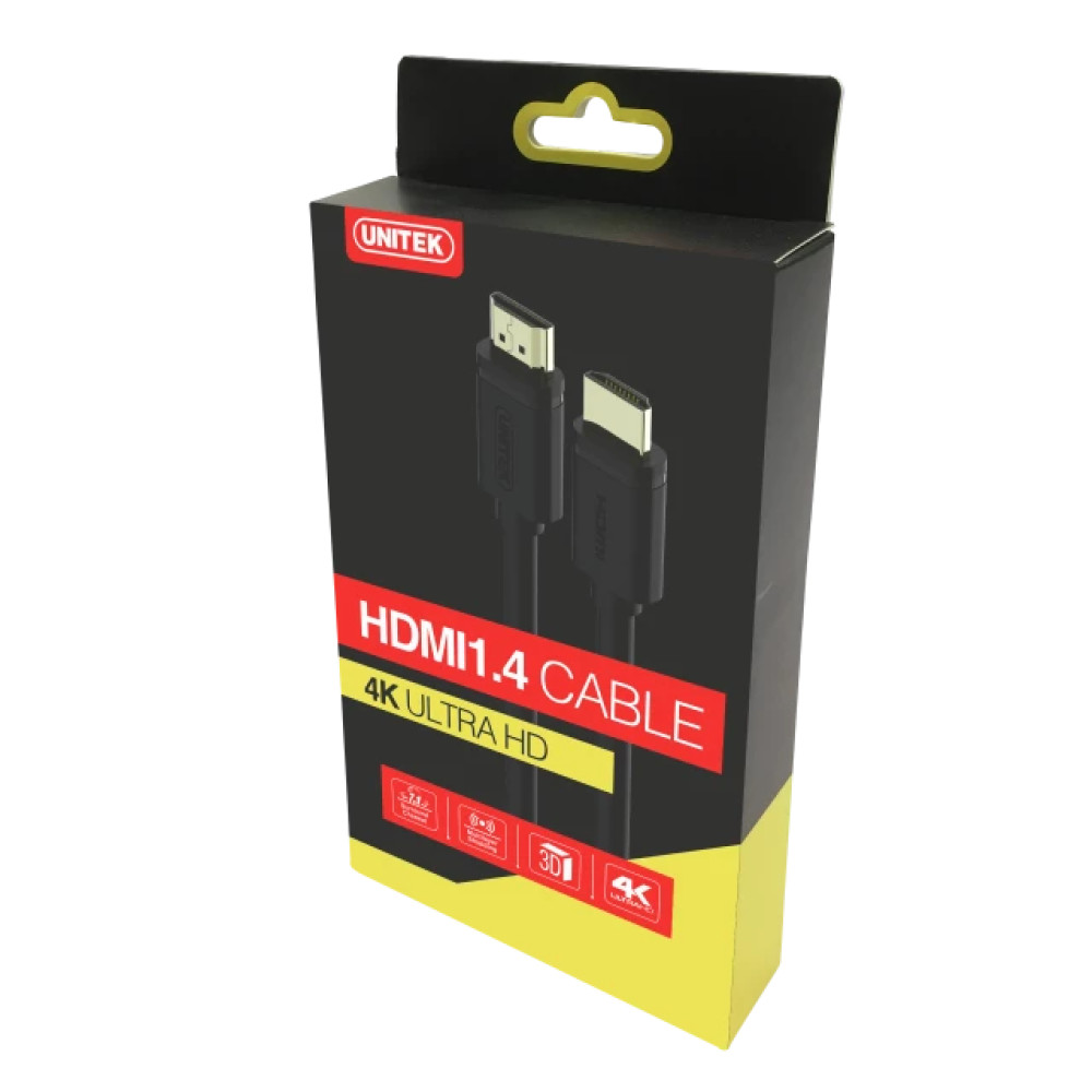 Pudełko kabla Unitek HDMI 1.4 z ikonami 4K Ultra HD, 3D i Ethernet.