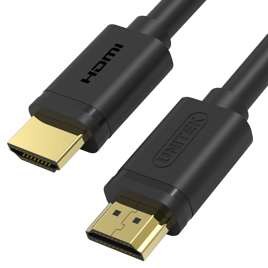 Dwa czarne kable HDMI ze złotymi złączami na białym tle.