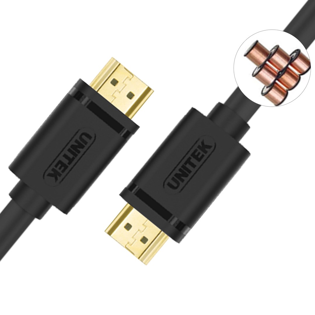 Dwa czarne kable HDMI Unitek ze złotymi złączami i szczegółem miedzianych przewodów.
