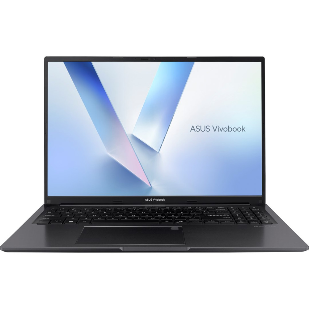 Czarny laptop Asus Vivobook, otwarty z widocznym logo na ekranie.