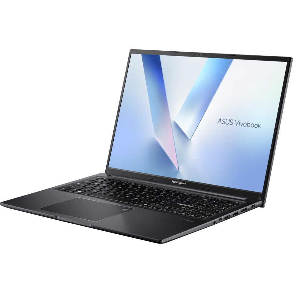 Czarny laptop ASUS Vivobook z podświetlanym ekranem pokazującym abstrakcyjny wzór.