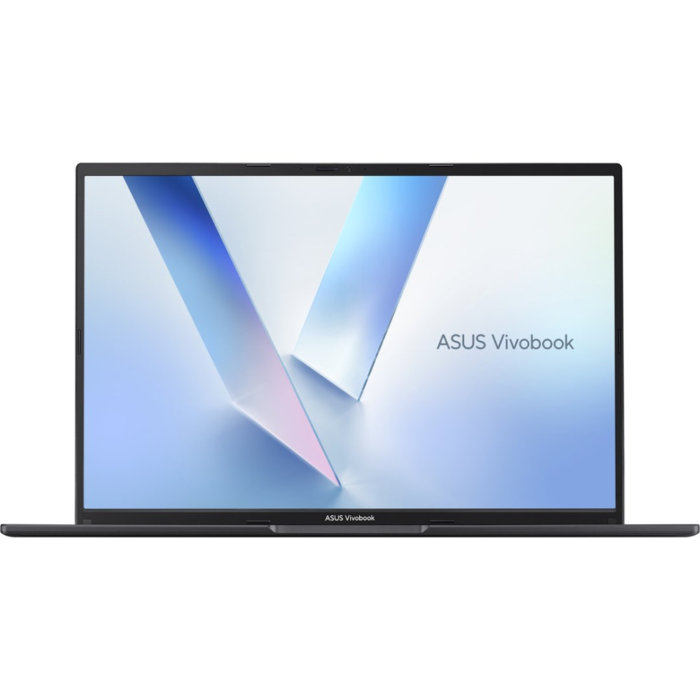 Otwarty czarny laptop Asus Vivobook z abstrakcyjnym tłem na ekranie.