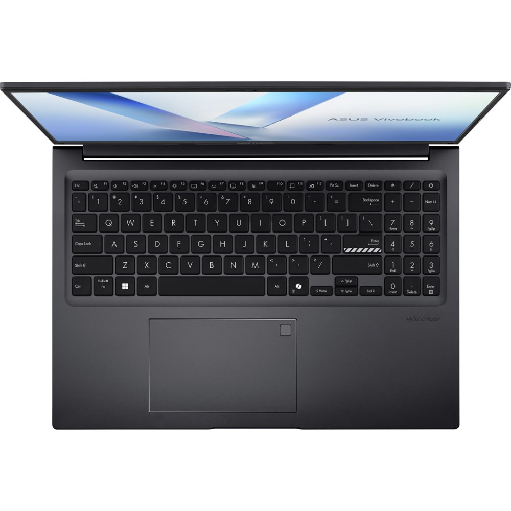 Otwarty ciemnoszary laptop ASUS Vivobook z jasnoniebieską tapetą abstrakcyjną.