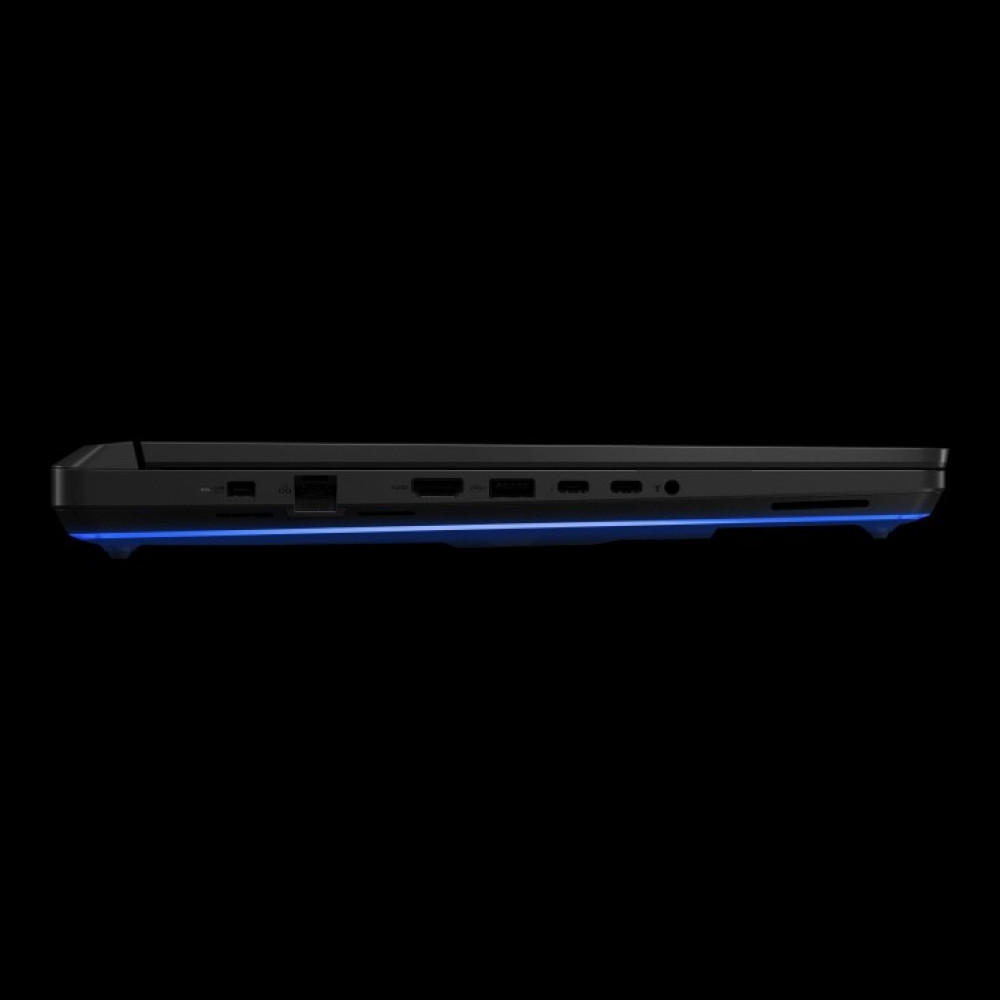 Czarny laptop z niebieskim podświetleniem na dole i portami z boku.
