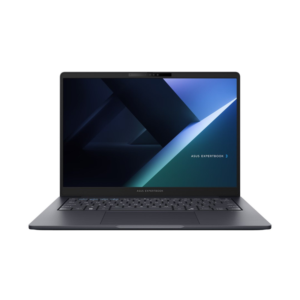 Otwarty, ciemnoniebieski laptop ASUS Expertbook z abstrakcyjną tapetą.