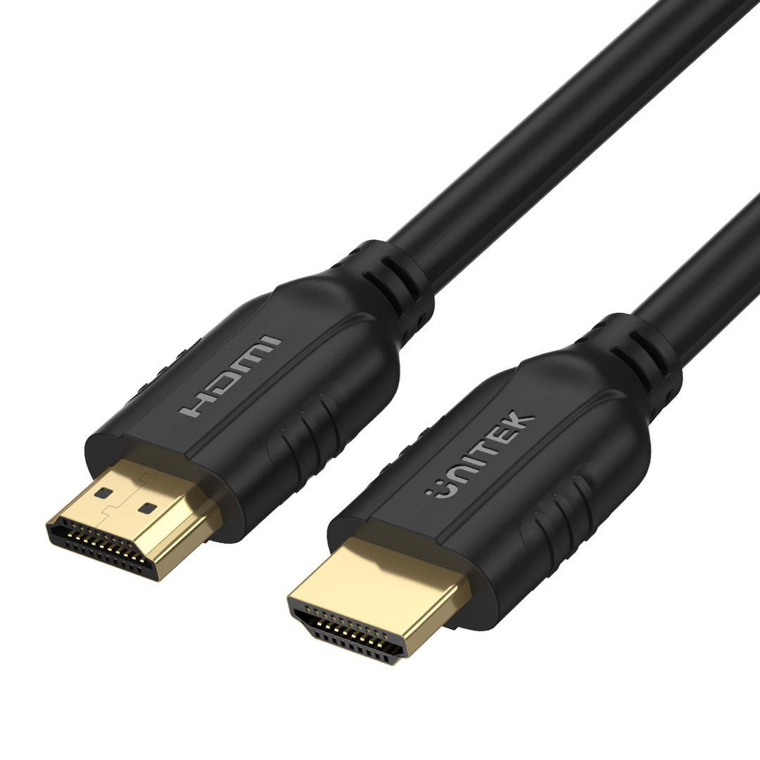 Dwa czarne kable HDMI ze złotymi złączami leżą obok siebie.
