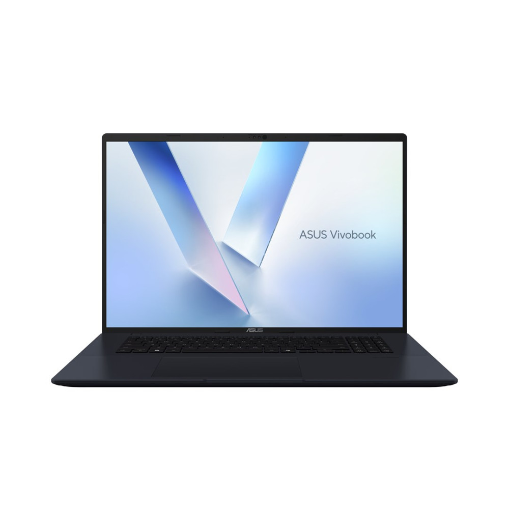 Zamknięty, ciemnoniebieski laptop ASUS Vivobook z abstrakcyjną tapetą na ekranie.