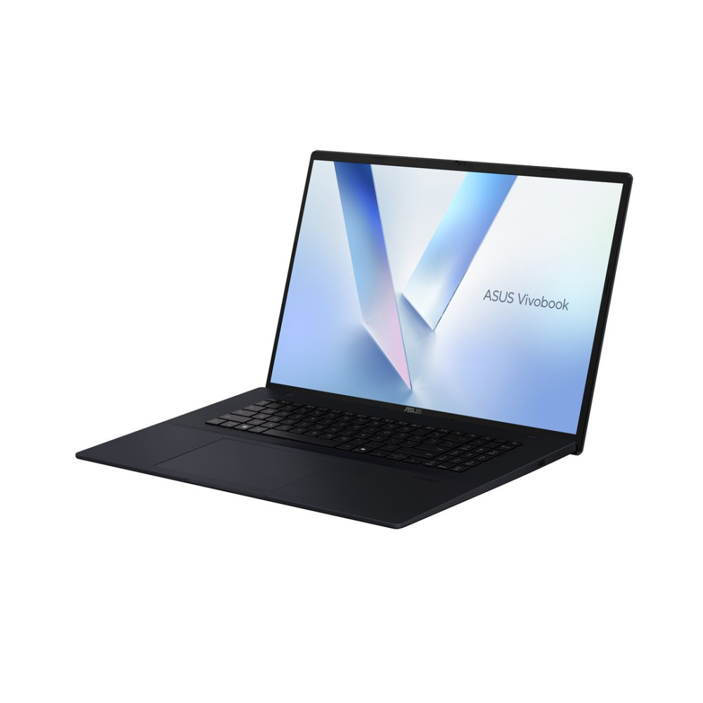 Czarny laptop ASUS Vivobook z podświetlaną klawiaturą i niebiesko-białą tapetą.