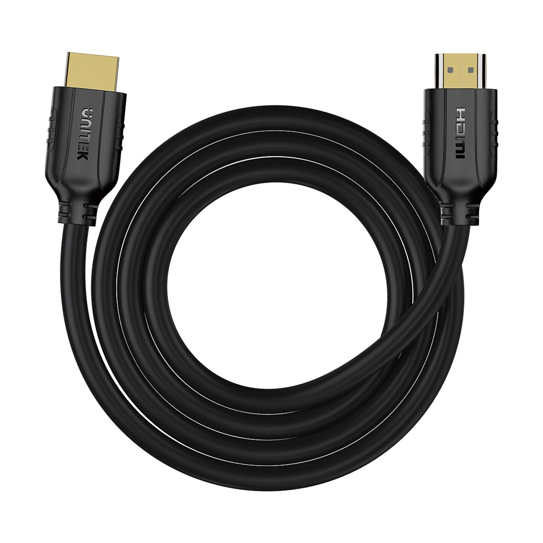 Czarny kabel HDMI ze złotymi złączami, zwinięty.