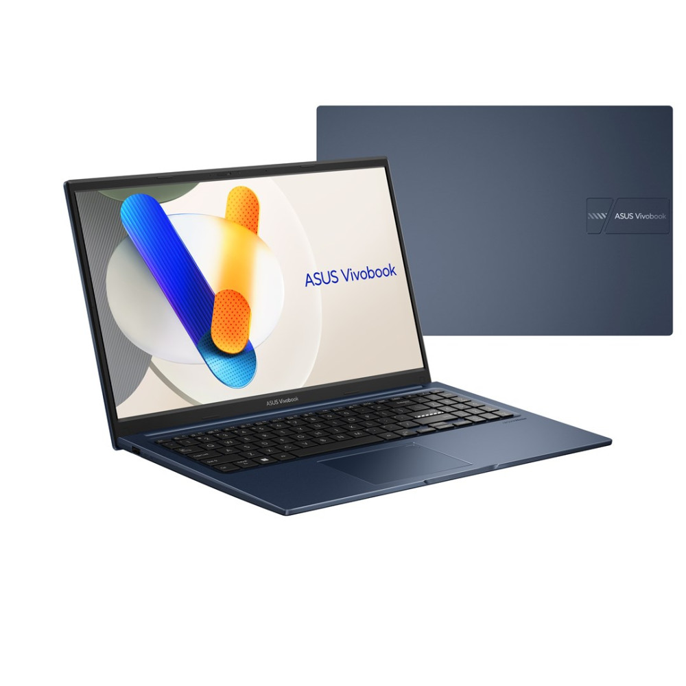 Niebieski laptop ASUS Vivobook otwarty, ekran z grafiką abstrakcyjną. Zamknięty laptop z tyłu.