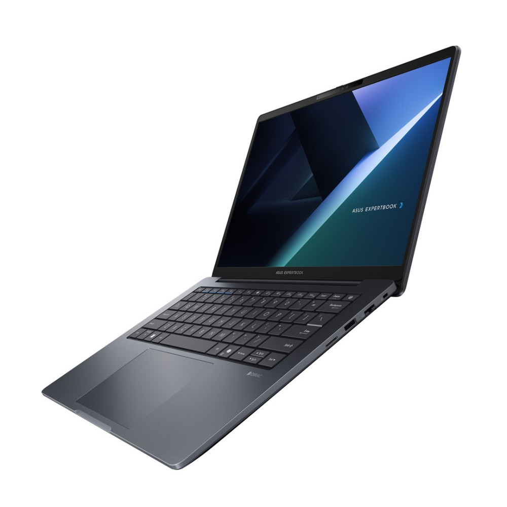 Ciemnoszary laptop ASUS ExpertBook jest otwarty, pokazując ciemny ekran z niebieskimi i zielonymi abstrakcyjnymi kształtami.