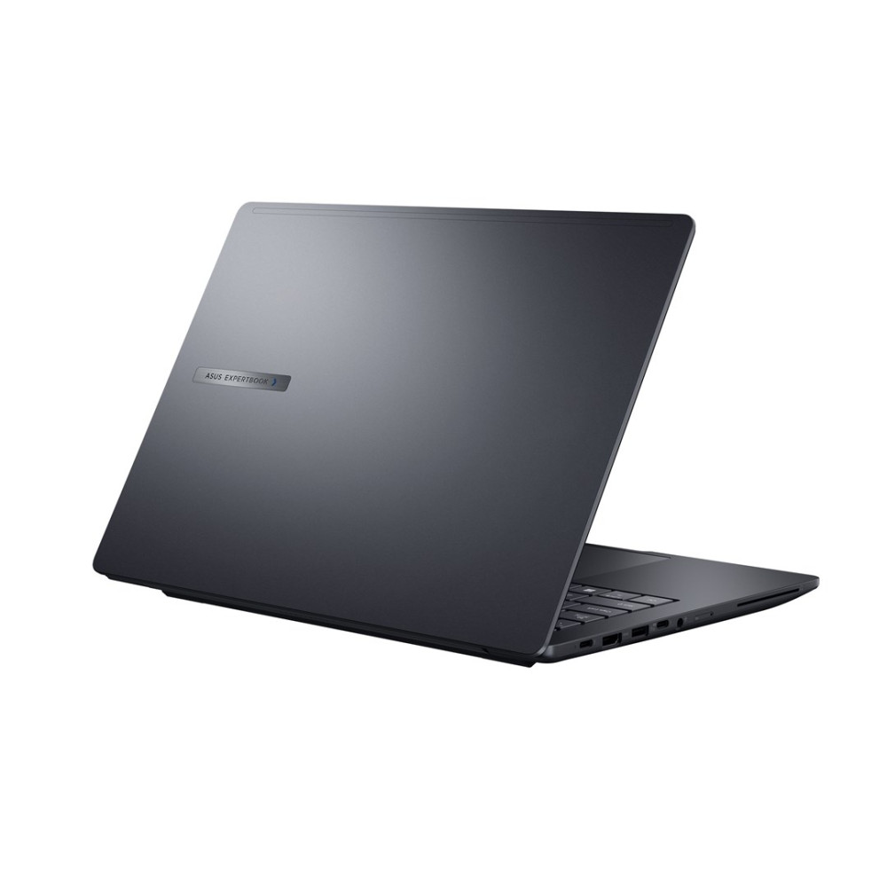 Ciemny, zamknięty laptop Asus Expertbook na białym tle.