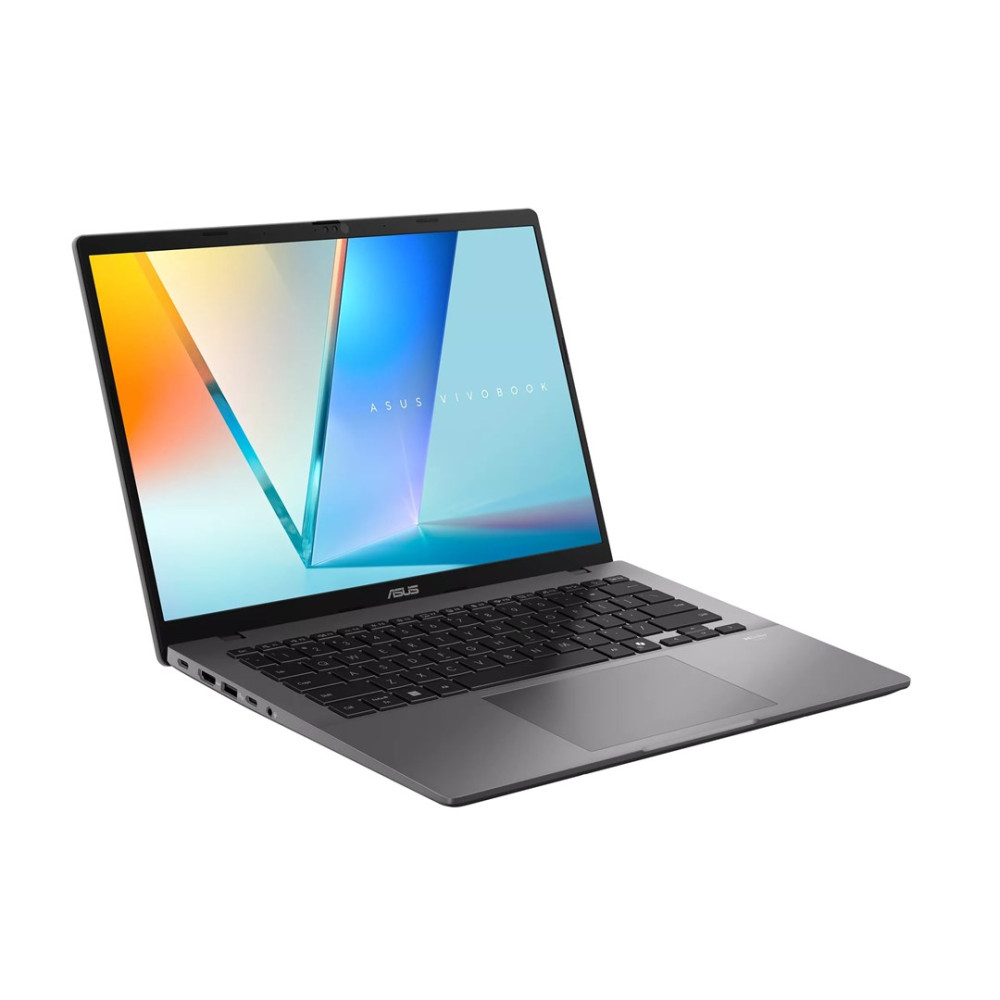 Zamknięty szary laptop Asus Vivobook na białym tle.