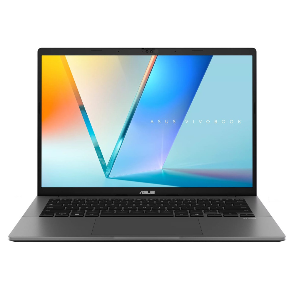 Szary laptop Asus Vivobook z klawiaturą i podświetlanym ekranem.