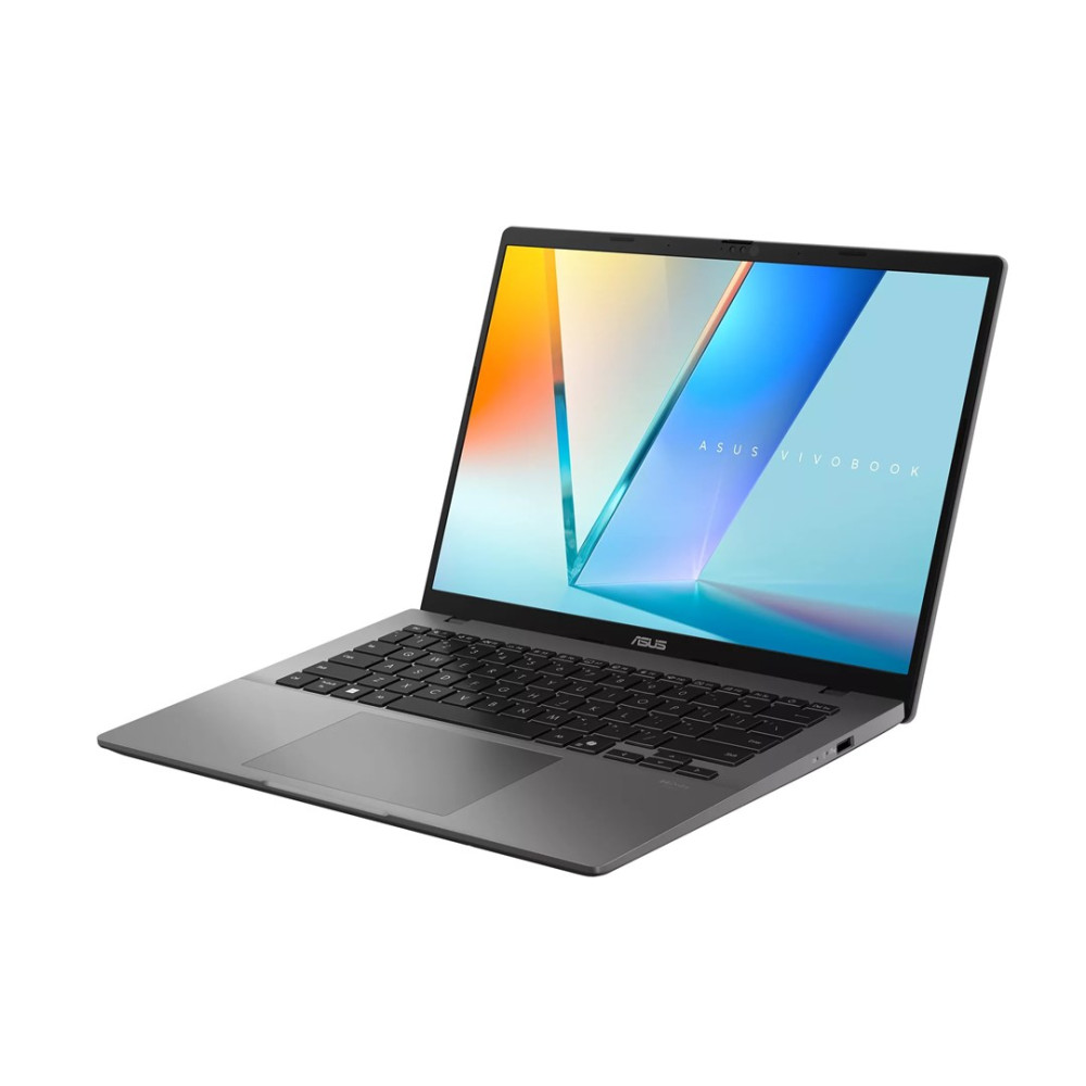 Szary laptop Asus Vivobook z abstrakcyjnym tłem na ekranie.