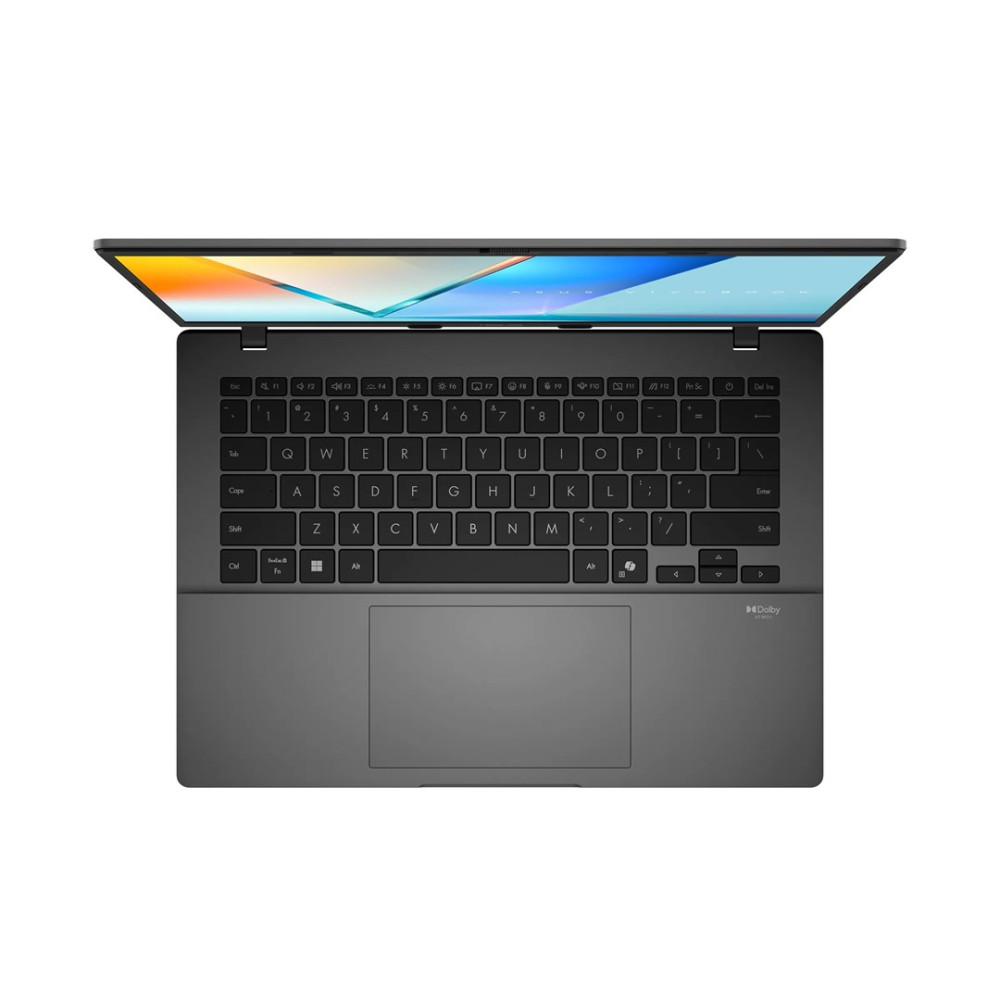 Otwarty szary laptop z podświetlaną klawiaturą i ekranem.