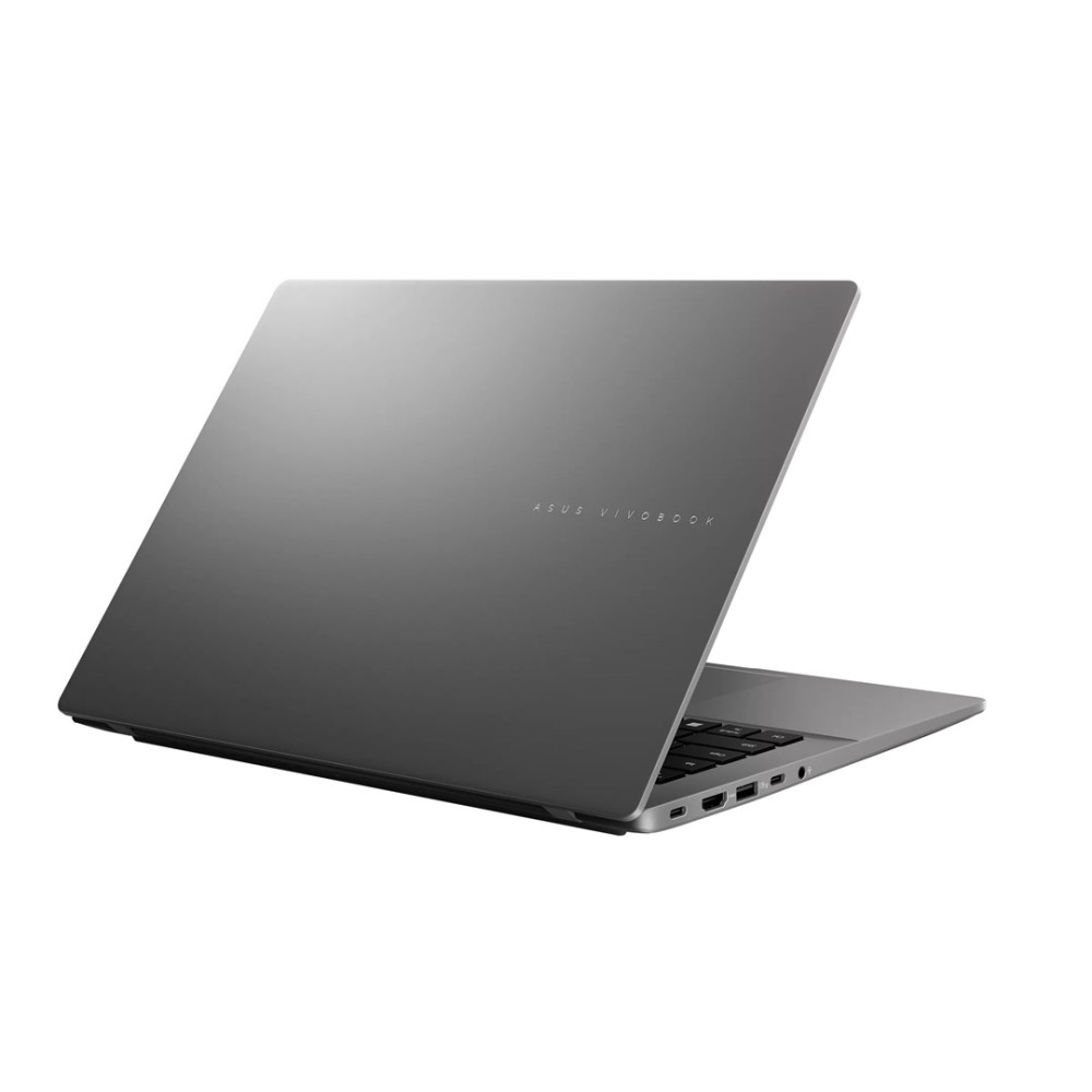 Zamknięty, szary laptop Asus Vivobook na białym tle.