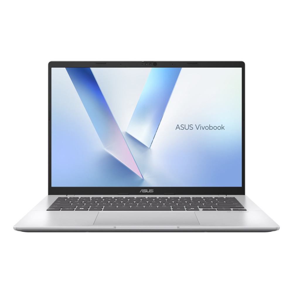 Otwarty srebrny laptop Asus Vivobook z klawiaturą i podświetlanym ekranem.