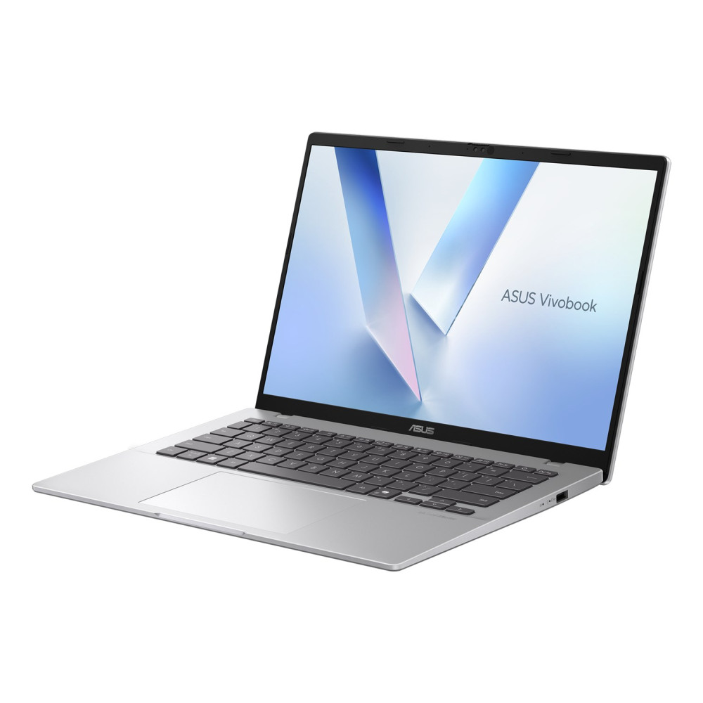 Srebrny laptop Asus Vivobook, szczegółowo pokazujący klawiaturę i ekran.
