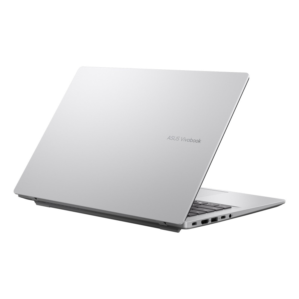 Srebrny laptop Asus Vivobook, częściowo otwarty, widoczne porty.