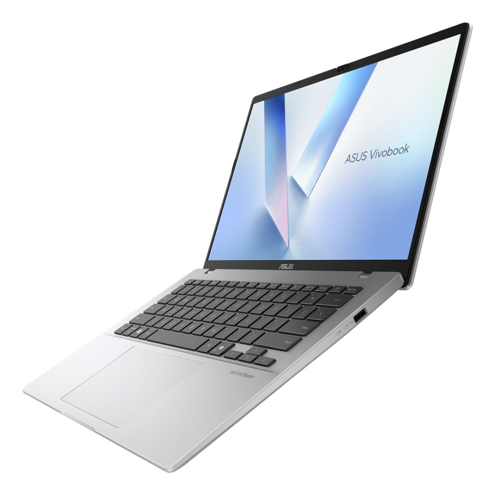 Srebrny laptop Asus Vivobook z otwartym ekranem i klawiaturą.