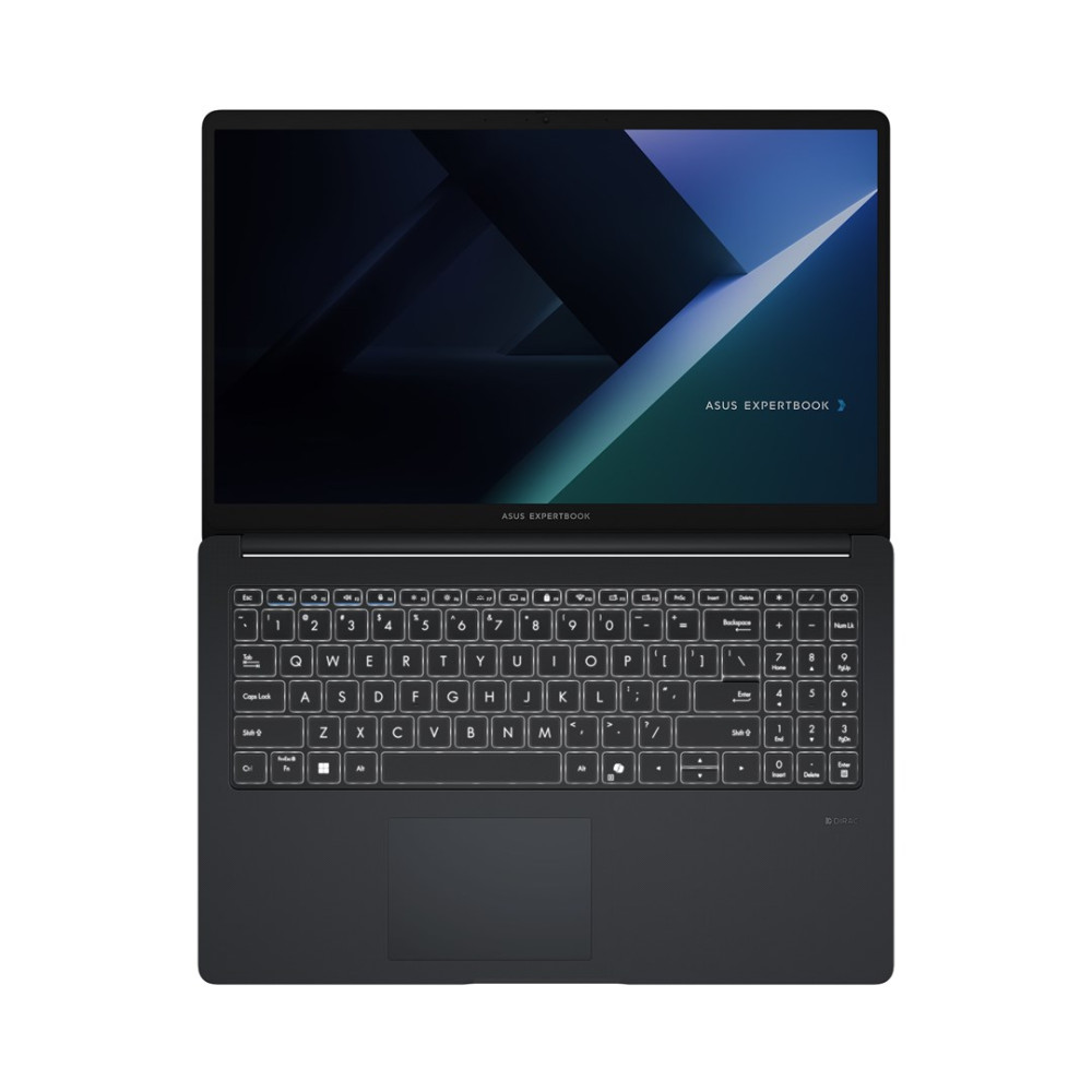 Otwarty czarny laptop Asus Expertbook z podświetlaną klawiaturą.