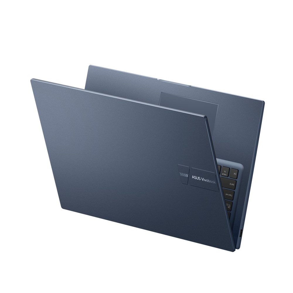 Niebieski laptop Asus Vivobook, widziany z góry, z otwartą pokrywą.