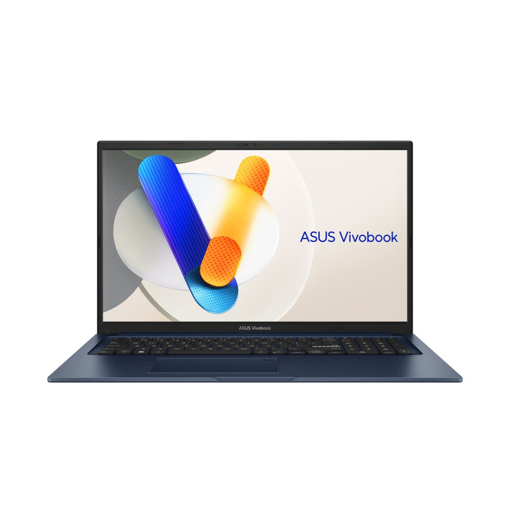 Ciemnoniebieski laptop Asus Vivobook na białym tle z abstrakcyjną grafiką na ekranie.