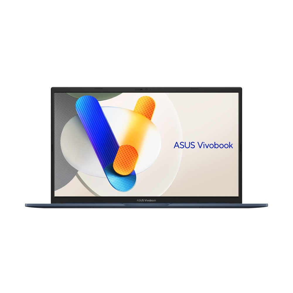 Zamknięty, granatowy laptop Asus Vivobook z abstrakcyjnym tłem.