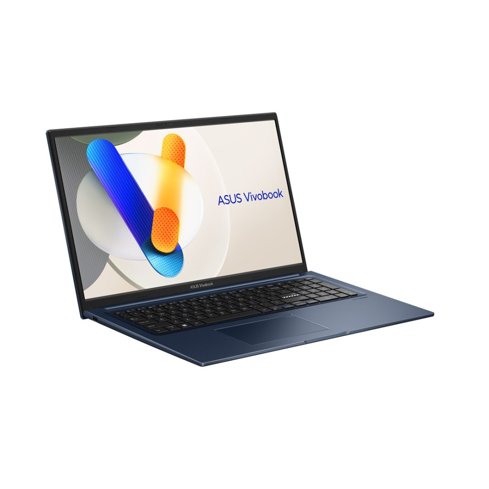 Niebieski laptop Asus Vivobook z klawiaturą i ekranem wyświetlającym kolorową grafikę.