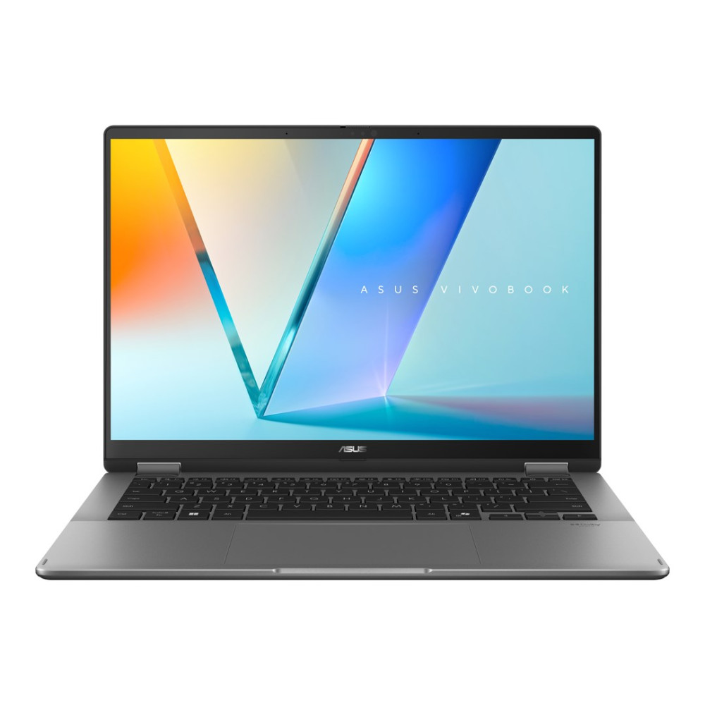 Otwarty srebrny laptop Asus Vivobook z abstrakcyjnym, kolorowym wyświetlaczem.