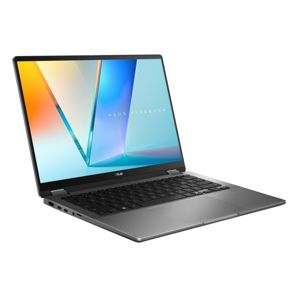 Srebrny laptop Asus Vivobook jest pokazany otwarty, z kolorową abstrakcyjną tapetą na ekranie.