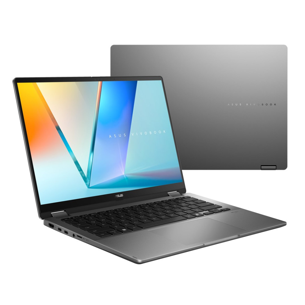 Szary laptop konwertowalny Asus Vivobook, otwarty i pokazany od przodu.