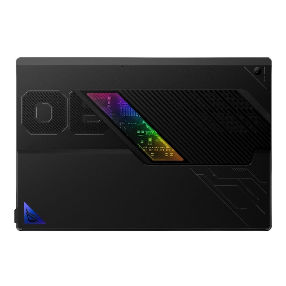 Czarny laptop z logo ROG i podświetlanym wzorem RGB.