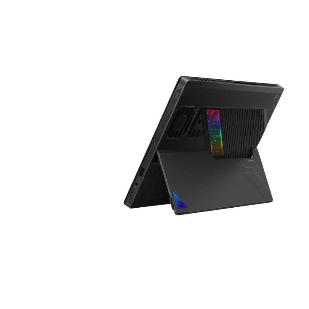 Czarny tablet gamingowy z podpórką. Posiada oświetlenie RGB i otwory wentylacyjne.