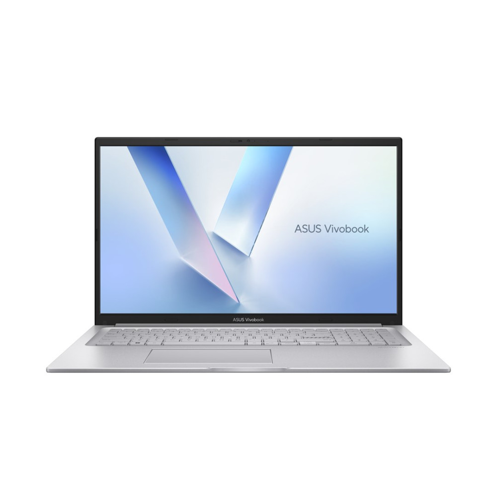 Srebrny laptop Asus Vivobook z podświetlanym ekranem, pokazującym niebiesko-biały abstrakcyjny wzór.