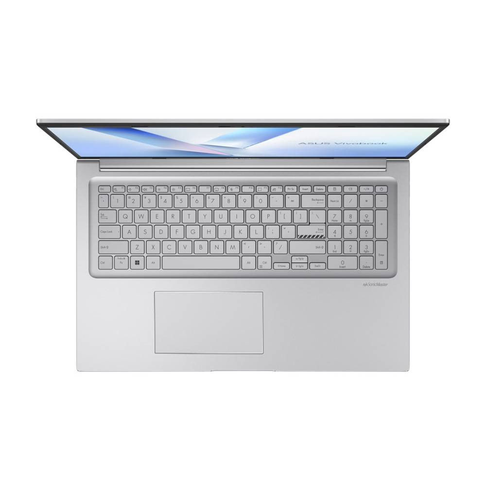 Widok z góry otwartego srebrnego laptopa ASUS Vivobook, klawiatura i ekran.