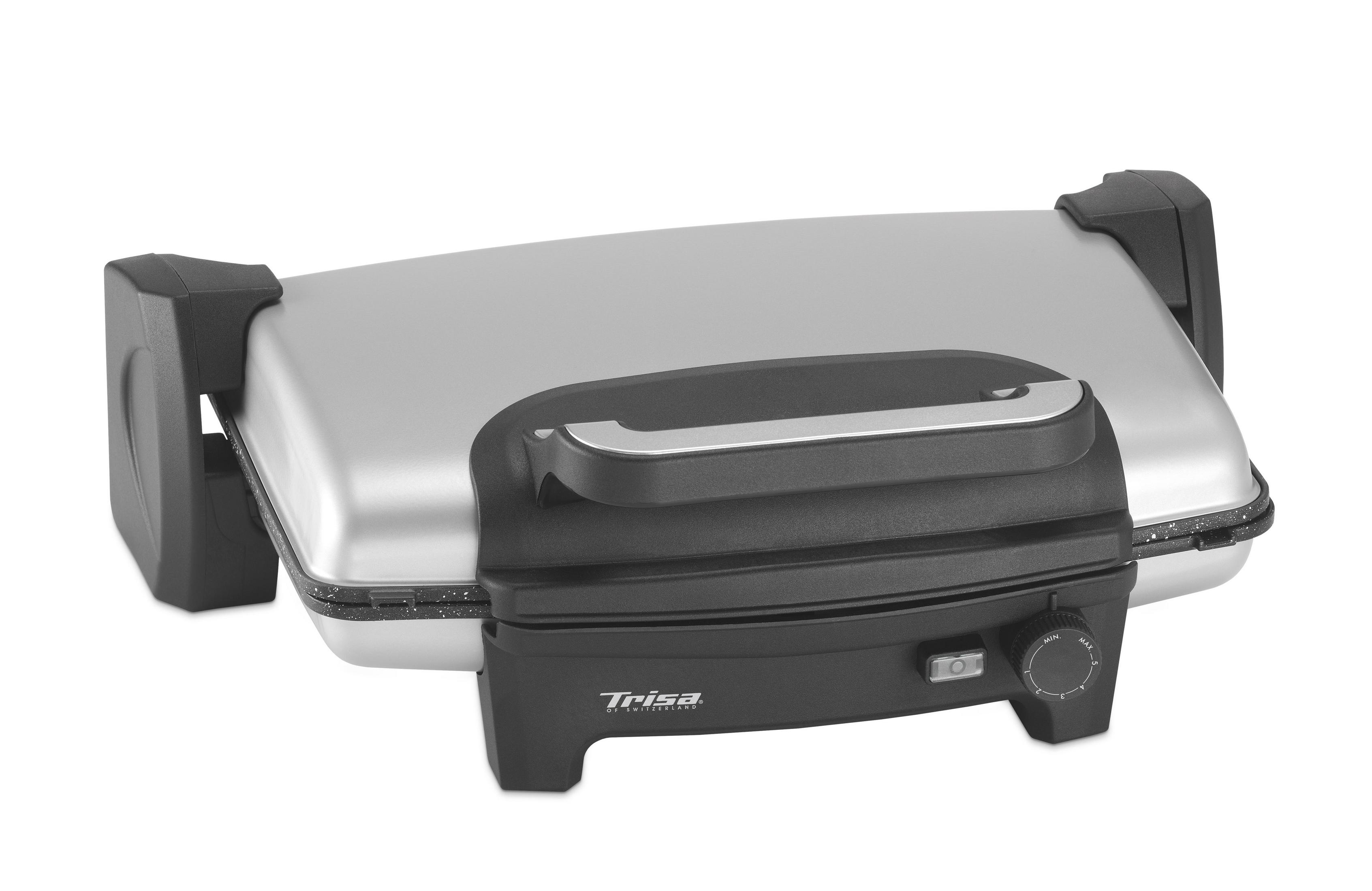 Ein silberner und schwarzer Kontaktgrill mit Trisa-Logo und Temperaturregler.