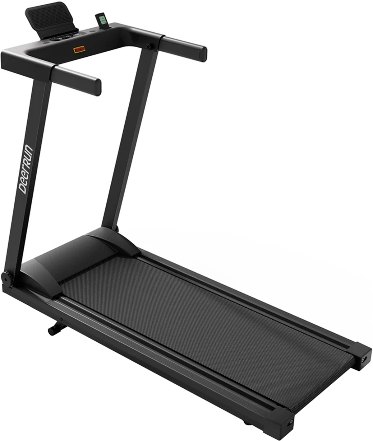 Czarna bieżnia z poręczami i małym ekranem.