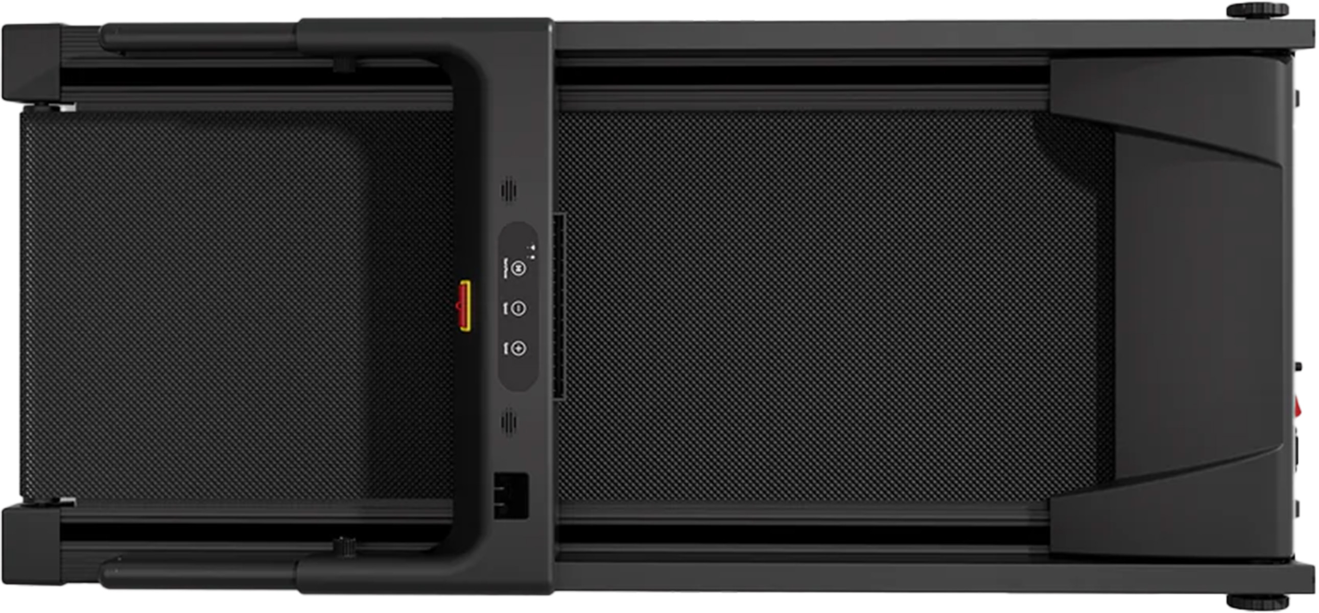 Czarna bieżnia z panelem sterowania i czerwonym przyciskiem zatrzymania awaryjnego.