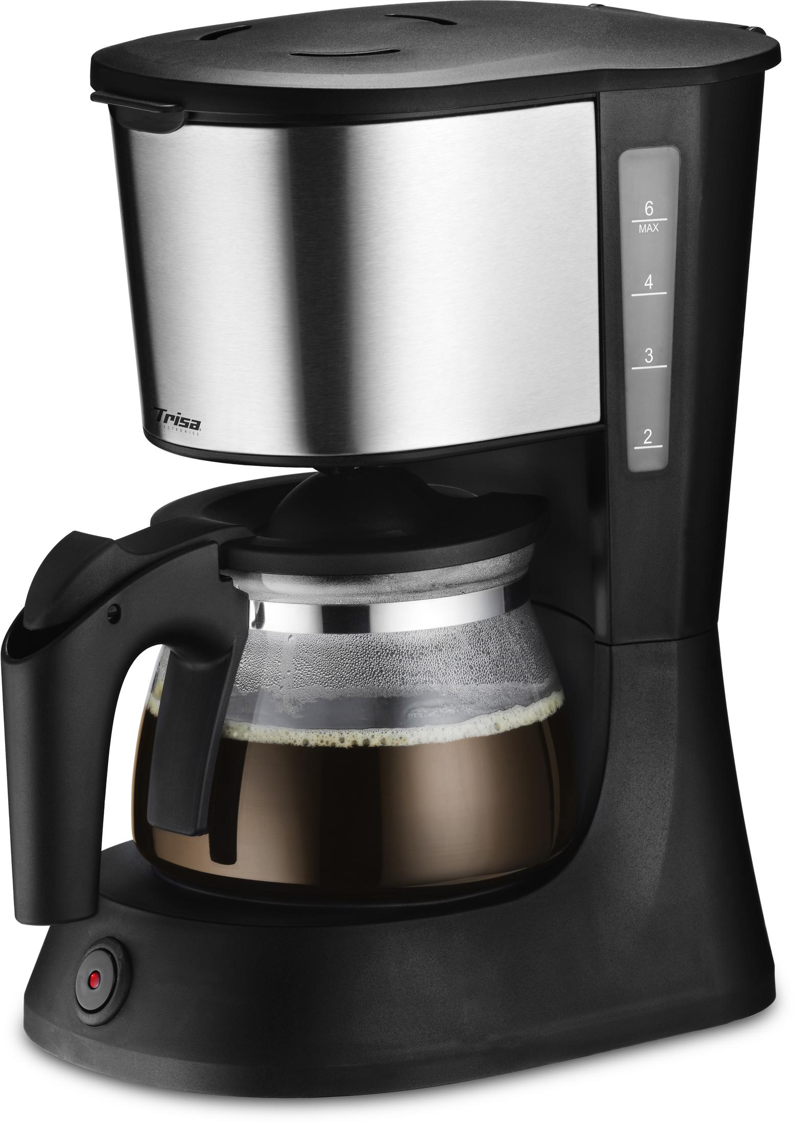 Schwarze Kaffeemaschine mit Glaskanne, gefüllt mit Kaffee. Wasserstandsanzeige sichtbar.